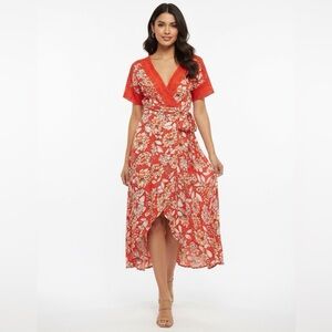 RED FLORAL COASTAL COWGIRL WRAP DRESS